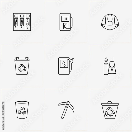 Industry line icon set with worker helmet, petrol station  and icebreaker