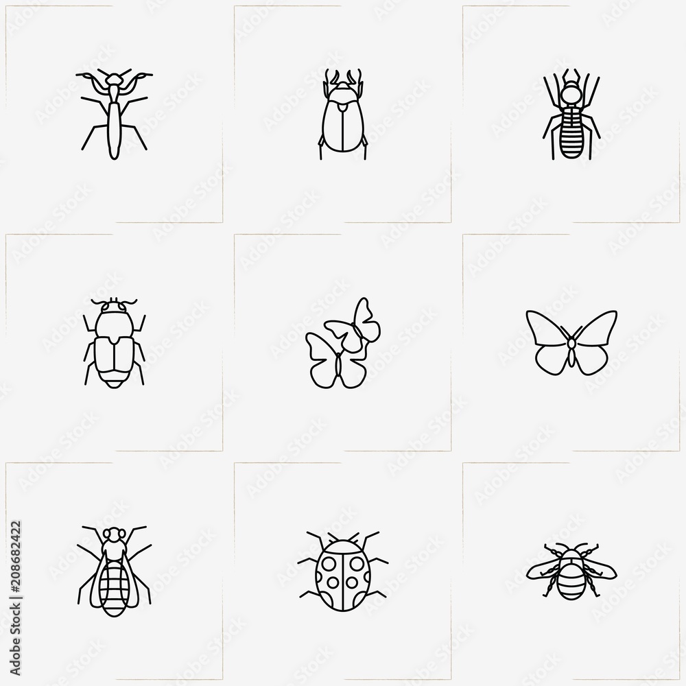 Insects line icon set with beetle, cockchafer and fly