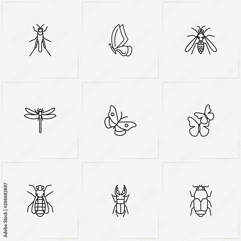 Fototapeta premium Insects line icon set with mosquito , fly and dragonfly