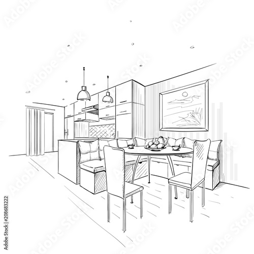 Dining room with kitchen.