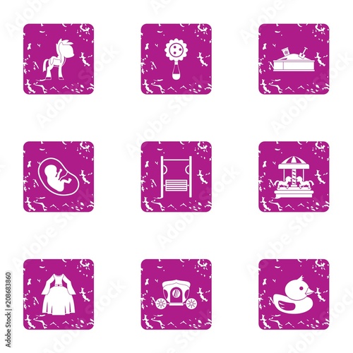 Infantile time icons set. Grunge set of 9 infantile time vector icons for web isolated on white background