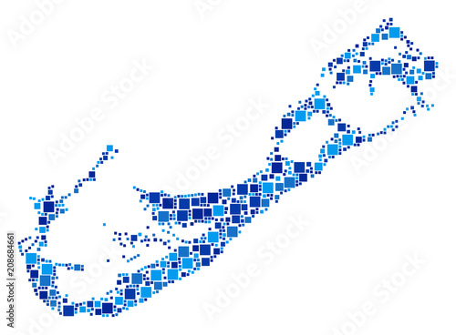 Bermuda Island map mosaic of randomized square elements in various sizes and blue color tones. Vector filled squares are combined into Bermuda Island map illustration.