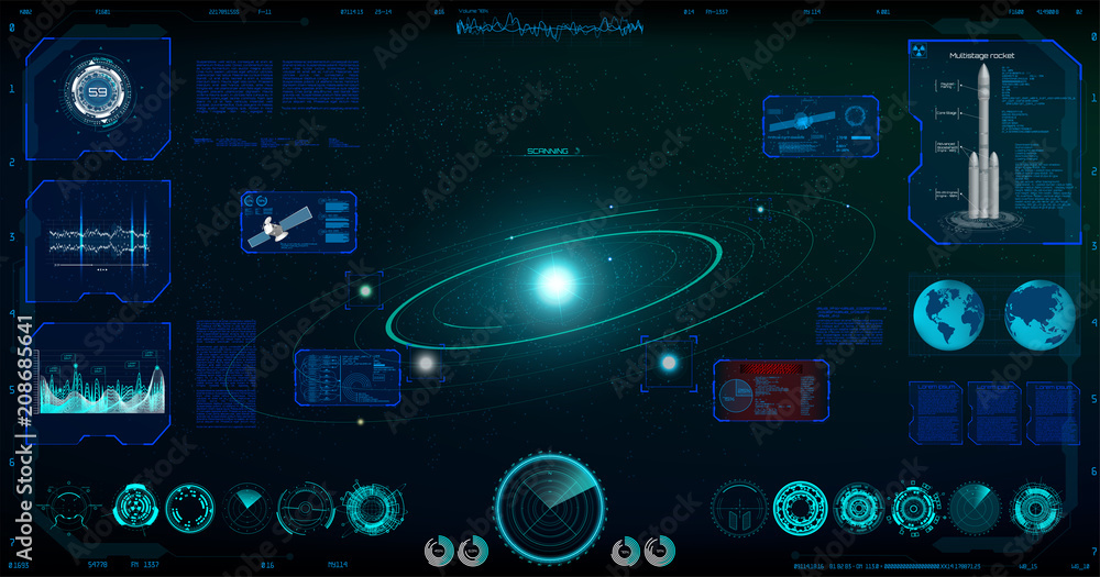 Radar Screen. Futuristic User Interface ( Dashboard, Spaceship, Circle Elements, satellite, Data and Information ) Radar Screen in the HUD Style, Future Vector Illustration Your Design Radar Screen. Futuristic User Interface ( Dashboard, Spaceship, Circle Elements, satellite, Data and Information ) Radar Screen in the HUD Style, Future Vector Illustration Your Design