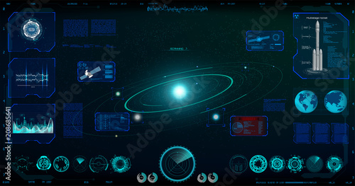 Radar Screen. Futuristic User Interface ( Dashboard, Spaceship, Circle Elements, satellite, Data and Information ) Radar Screen in the HUD Style, Future Vector Illustration Your Design