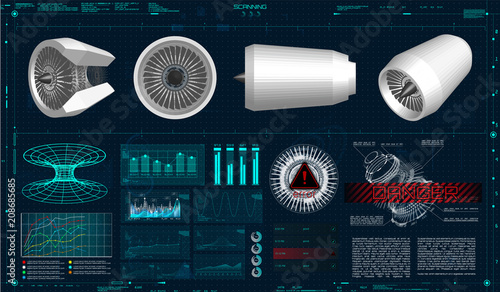 Jet Engine 3d. Scanning in HUD Style. Vector Drawing With Circles and Geometric Parts of The Mechanisms. Engineering in HUD Style Jet Engine in HUD Style. Industrial Aerospase Blueprint. 3d models