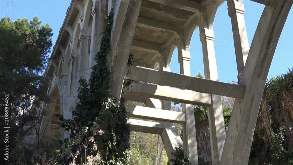Tilt shot up a historic old concrete arch bridge covered in ivy
Tilt shot up a historic old concrete arch bridge covered in ivy