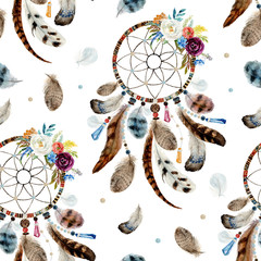 Wandcirkels Dromenvanger patronen Navajo dromenvangers met witte bloemen  © Veris Studio