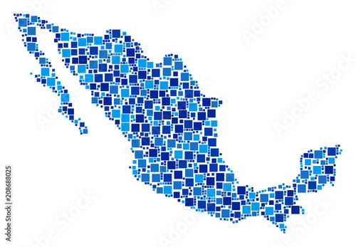 Mexico map mosaic of randomized filled squares in different sizes and blue shades. Vector filled squares are composed into Mexico map collage. Abstract geographical plan design concept.