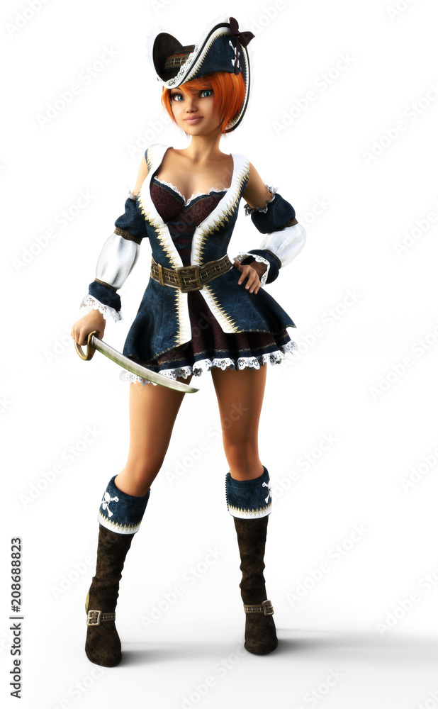 Portrait illustration of a cute toon pirate female on an isolated white background. 3d rendering Portrait illustration of a cute toon pirate female on an isolated white background. 3d rendering