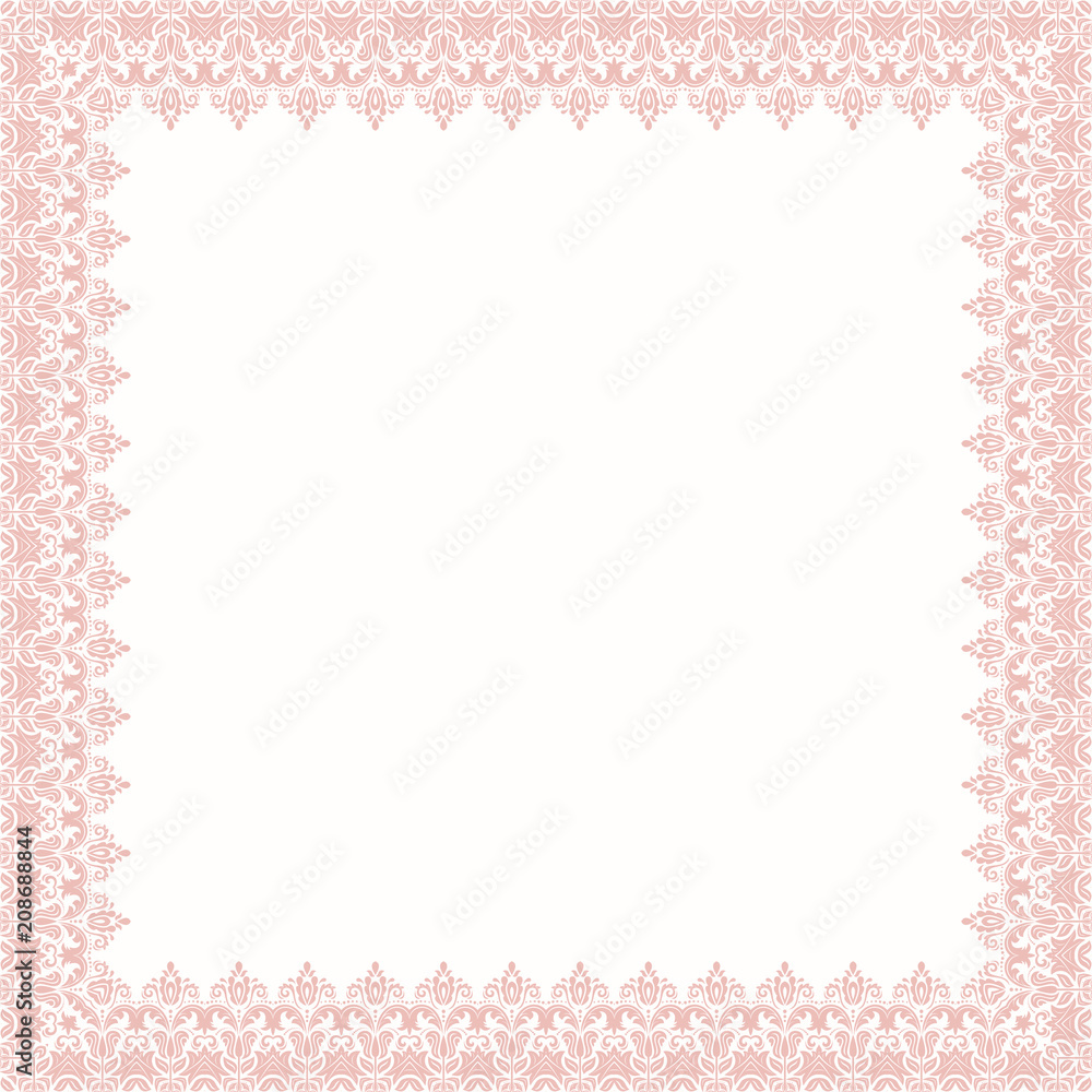 Classic vector square frame with arabesques and orient pink elements. Abstract ornament with place for text. Vintage pattern