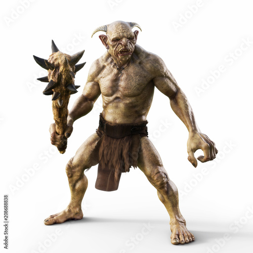 Portrait of a evil troll with spiked club, ready for battle on an isolated white background. 3d rendering