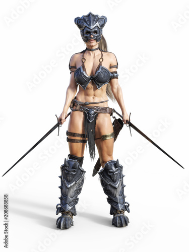 Fierce armed female warrior posing on an isolated white background. 3d rendering illustration