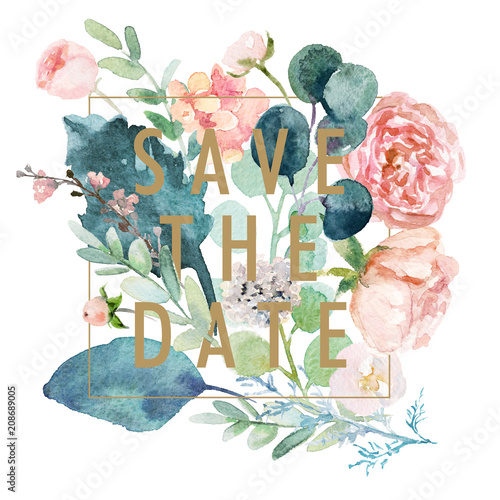 Watercolor floral SAVE THE DATE illustration with prearranged flower bouquet composition on white background, for wedding stationary, greeting, wallpaper, fashion, background, wrapping, postcard, DIY. photo