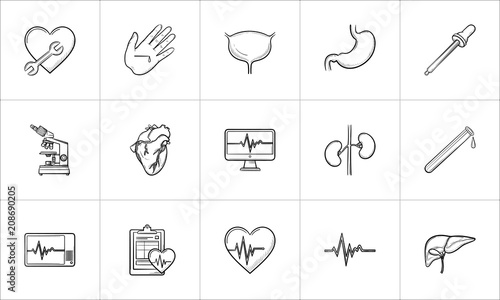 Medicine hand drawn outline doodle icon set for print, web, mobile and infographics. Healthcare, hospital, paramedic and first aid vector sketch illustration set isolated on white background.