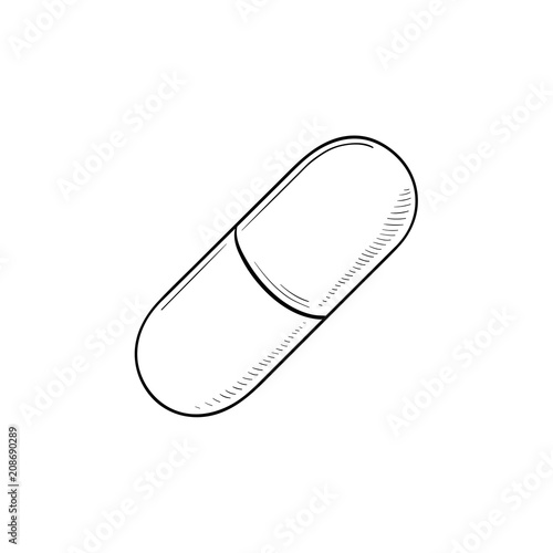 Pill hand drawn outline doodle icon. Capsule pill as antibiotic, medicine, drug and pharmacy concept. Vector sketch illustration for print, web, mobile and infographics on white background.