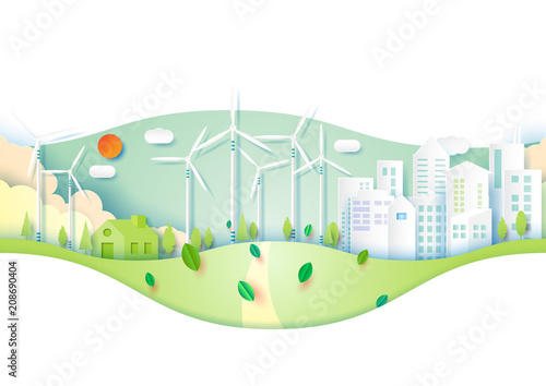 Green eco friendly urban city of environment and ecology conservation concept.Paper art vector illustration.