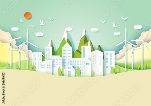 Green eco friendly urban city and environment conservation concept.Paper art style vector illustration.
