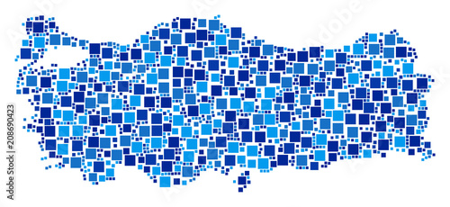 Turkey map composition of randomized dots in various sizes and blue shades. Vector small square are organized into Turkey map collage. Abstract geographical scheme design concept.