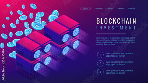 Isometric blockchain investment landing page concept. Dedicated servers with mined coins as global cryptocurrency economy in ultra violet. Cryptocurrency investment. Vector 3d isometric illustration.