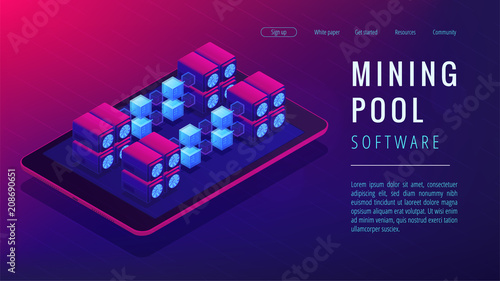 Isometric mining pool landing page concept. Joint group of cryptocurrency miners, networking, computational resources combining on ultra violet background. Vector 3d isometric illustration.