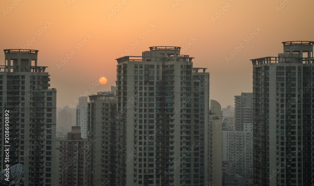 Sunset in Shanghai with smog