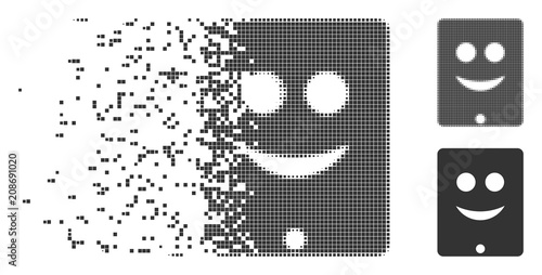 Gray vector communicator smile smiley icon in dissolved, pixelated halftone and undamaged entire variants. Rectangle dots are used for disappearing effect.