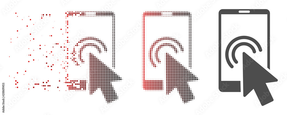 Vector arrow double click smartphone icon in dissolved, dotted halftone ...