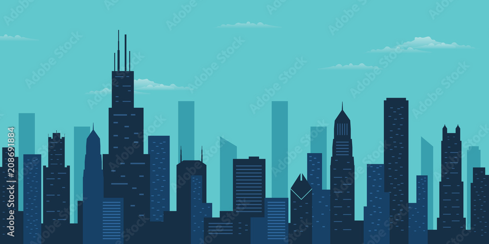 Naklejka premium Panoramę miasta Chicago. Sylwetka budynku drapacza chmur w Chicago