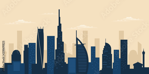 Dubai city skyline. Dubai skyscraper building silhouette