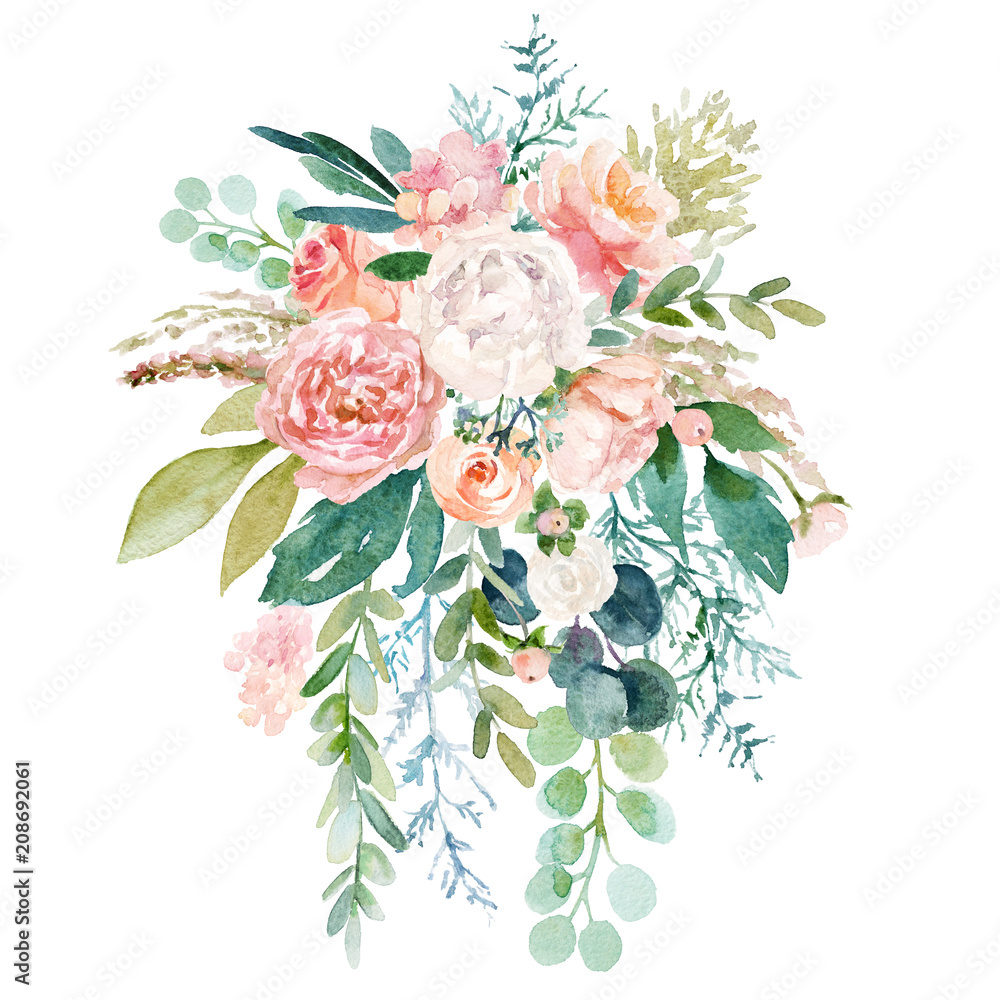 Watercolor floral illustration - bouquet with bright pink vivid flowers, green leaves, for wedding stationary, greetings, wallpapers, fashion, backgrounds, textures, DIY, wrappers, cards.