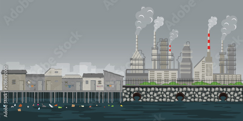 Pollution environment plant pipe dirty waste air and water polluted environment.