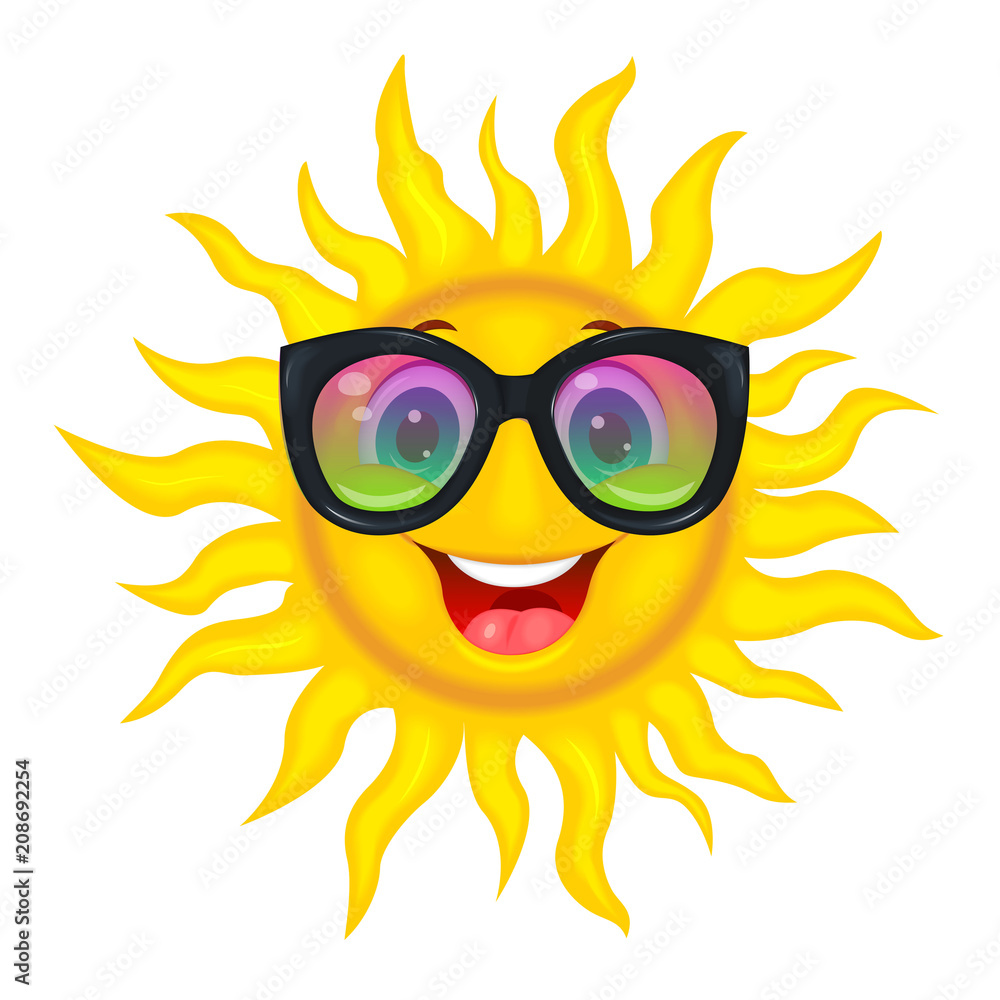 The sun in the rainbow glasses. A merry cartoon sun in protective glasses from the sun The sun in the rainbow glasses. A merry cartoon sun in protective glasses from the sun