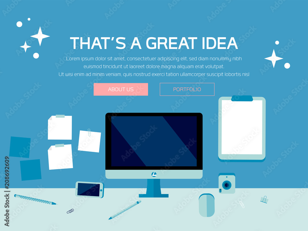 Desk Scene, Tech Device Illustration, Tech Mockup Elements, Web Page Design, Business Concept, Vector Flat Design, Phone, Tablet, Desktop, Stationery Desk Scene, Tech Device Illustration, Tech Mockup Elements, Web Page Design, Business Concept, Vector Flat Design, Phone, Tablet, Desktop, Stationery