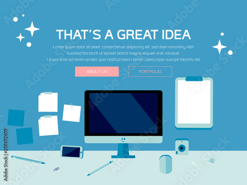 Desk Scene, Tech Device Illustration, Tech Mockup Elements, Web Page Design, Business Concept, Vector Flat Design, Phone, Tablet, Desktop, Stationery