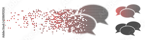 Vector webinar icon in sparkle, pixelated halftone with red to black horizontal gradient and undamaged whole versions. Disappearing effect uses rectangle sparks.