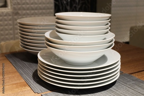 Set of White Ceramic Dishes, Bowls and Plates