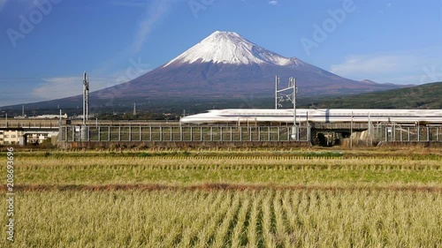Japan, Honshu, Mount Fuji, Shinkansen Bullet Train passing through harvested rice fields below the snow capped volcano