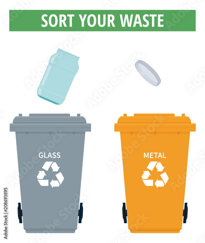 Vector illustration of metal and glass rubbish bins and a jar with a lid.