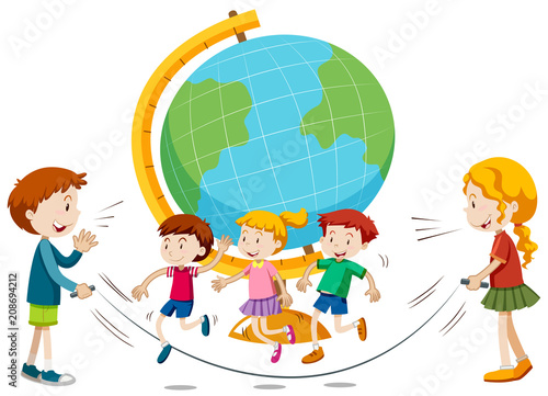 Children skipping infront of globe