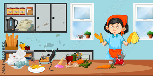 Housekeeper in dirty kitchen