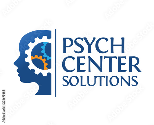 Human head and brain process with gears , psychological logo concept 