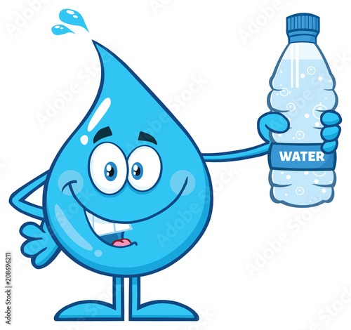 Happy Blue Water Drop Cartoon Mascot Character Holding A Bottled Water. Vector Illustration Isolated On White Background