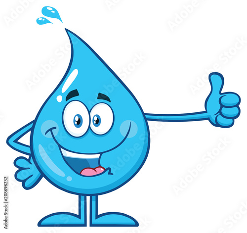 Happy Blue Water Drop Cartoon Mascot Character Showing Thumbs Up. Vector Illustration Isolated On White Background