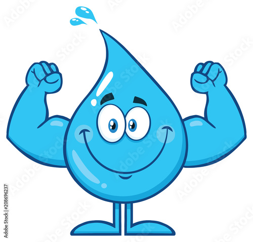 Smiling Blue Water Drop Cartoon Mascot Character Showing Muscle Arms. Vector Illustration Isolated On White Background