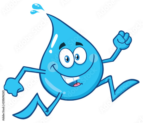 Smiling Blue Water Drop Cartoon Mascot Character Running. Vector Illustration Isolated On White Background