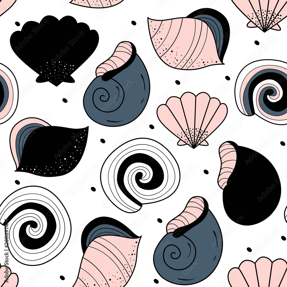 Vector seamless pattern with shells. Baby print. Scandinavian motives.