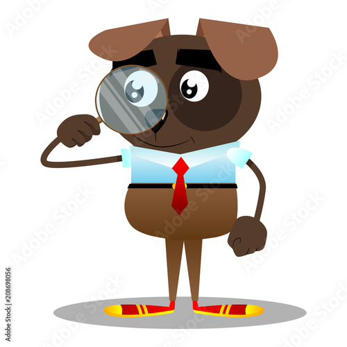 Cartoon illustrated business dog holding a magnifying glass.