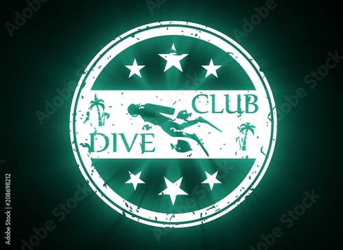 Silhouette of diver. Graphic design of stamp. The concept of sport diving. Neon bulb illumination. 3D rendering