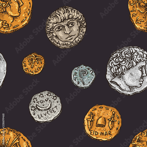 Hand drawn vector seamless pattern ancient Rome gold and silver coins