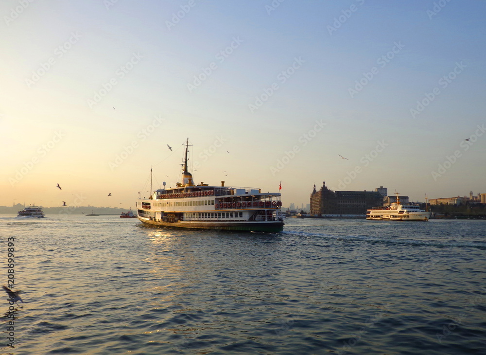 Passenger ferry arriving at Kadikoy port in ıstanbul , Bosphorus  view at